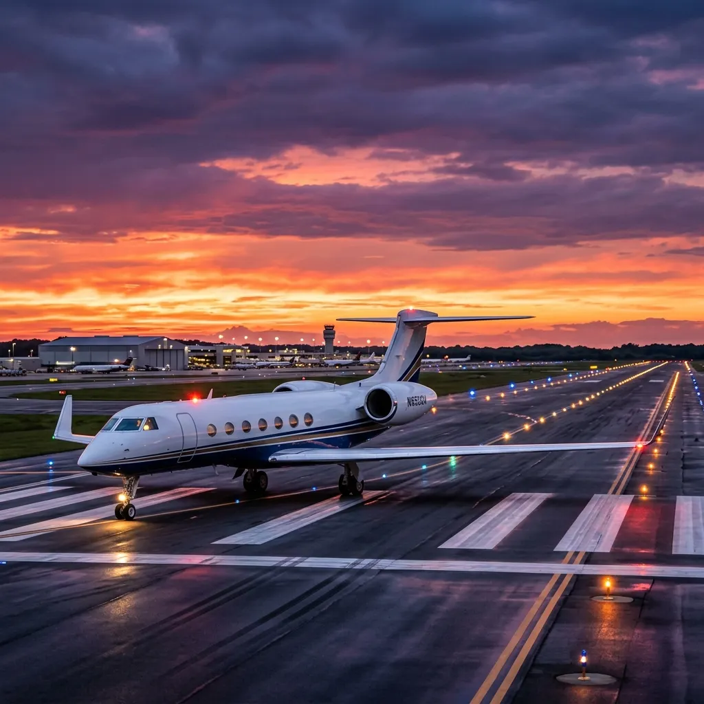 Gulfstream G550 heavy jet at sunset with runway lights