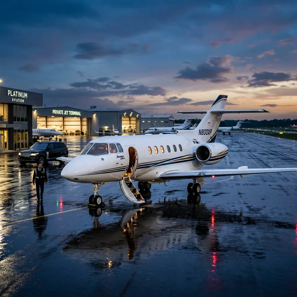 Hawker 800XP midsize jet parked on a wet tarmac in the evening