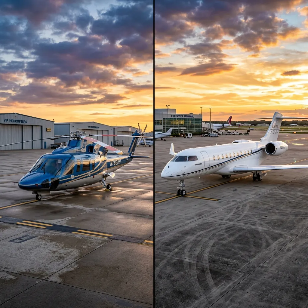 A business helicopter and a private jet parked side by side on an airport ramp