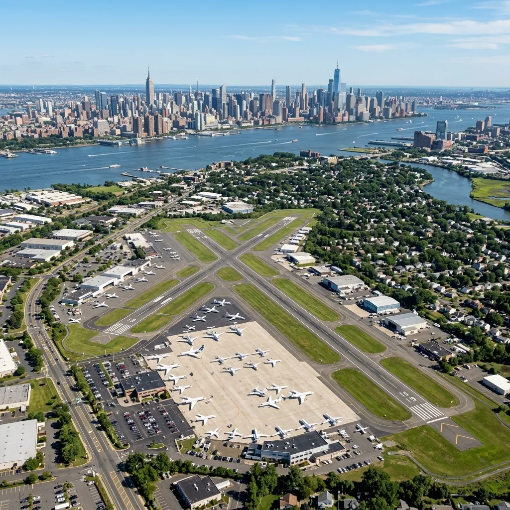 Aerial view of Teterboro Airport in New Jersey with Manhattan skyline in background