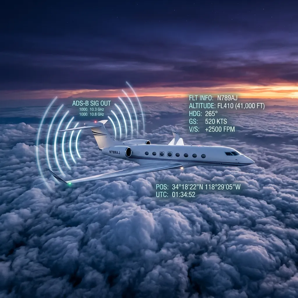 Private jet at high altitude with ADS-B tracking data overlay