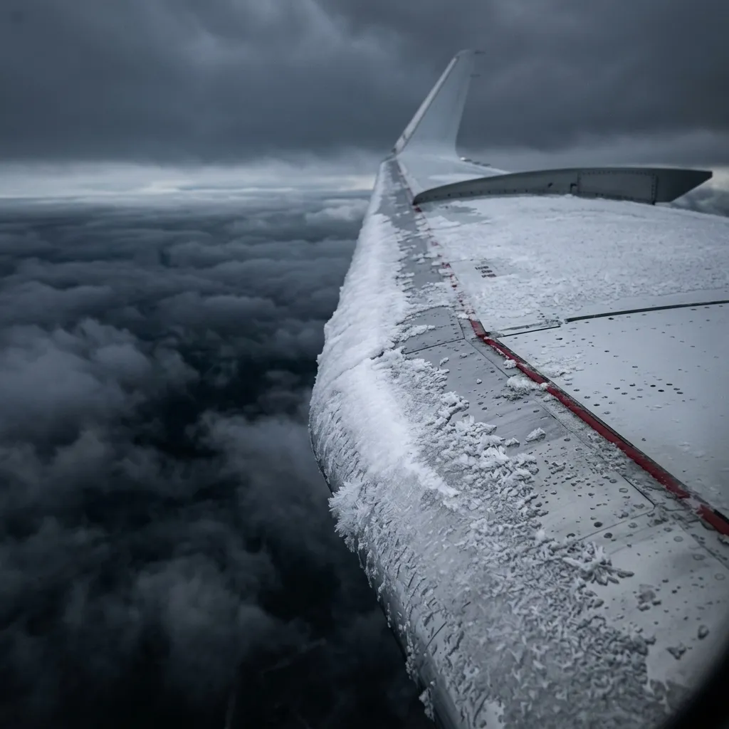 Private jet wing with ice accumulation visible on the leading edge during winter flight