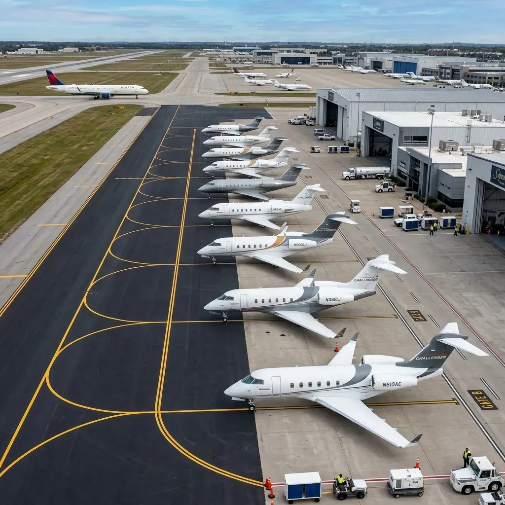 Row of Bombardier Challenger business jets on ramp at aviation facility