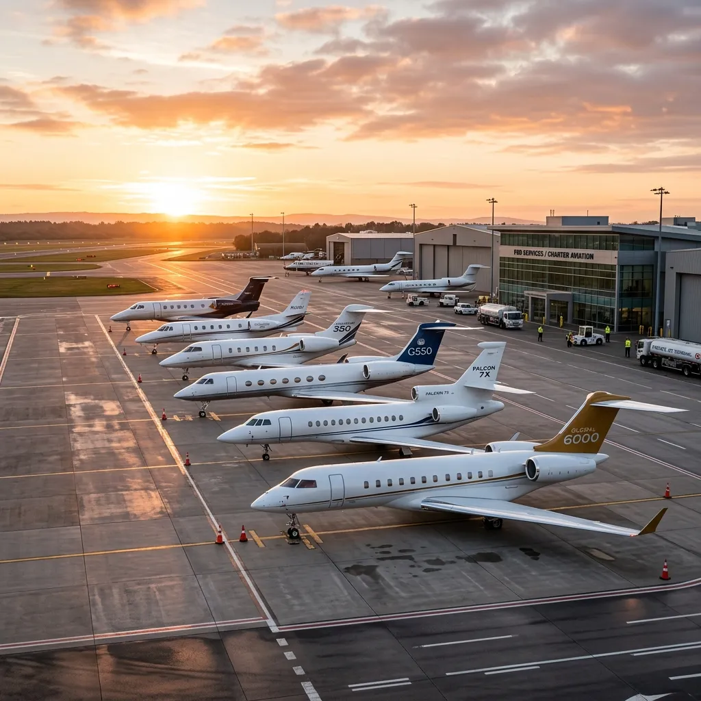 Row of charter business jets parked at an FBO ramp at sunrise