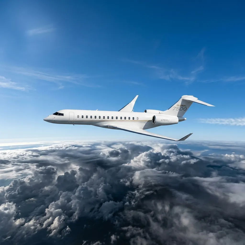 A private jet flying above a layer of clouds and turbulent weather