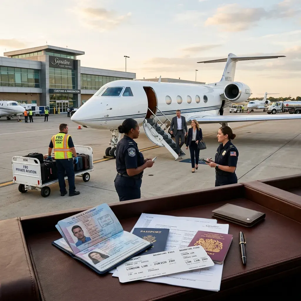 Private jet at international FBO customs facility with passport on leather console