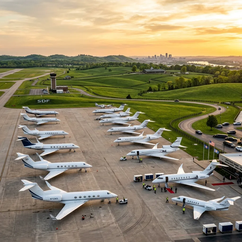 Private jets lined up on ramp near Louisville Kentucky for Derby weekend