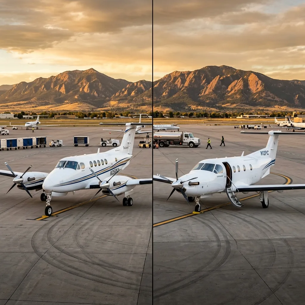 Split view of a King Air 350 and Pilatus PC-12 parked side by side on a ramp