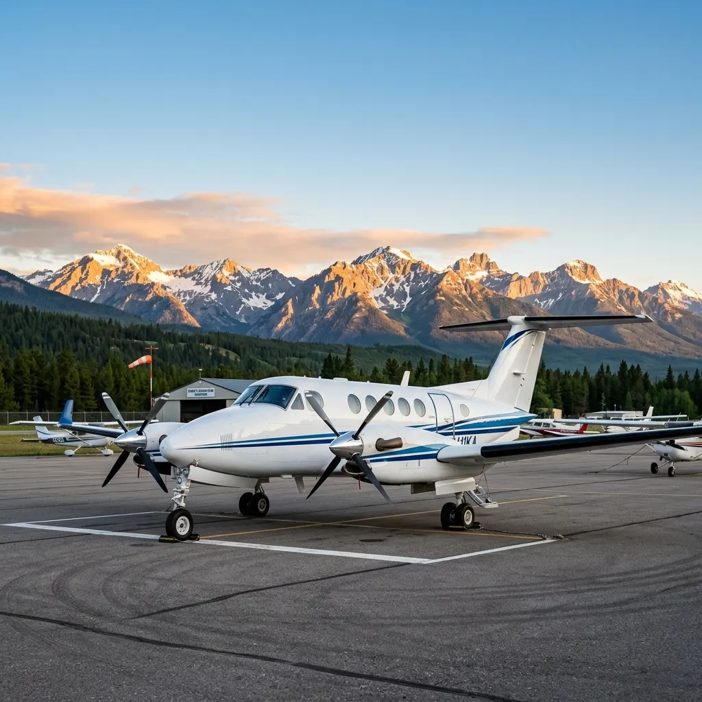 Beechcraft King Air 350 parked on a regional airport ramp at golden hour with mountains in background