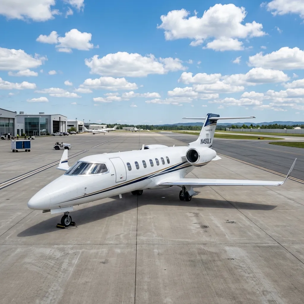 Learjet 45 parked on a private ramp with clouds and midday light