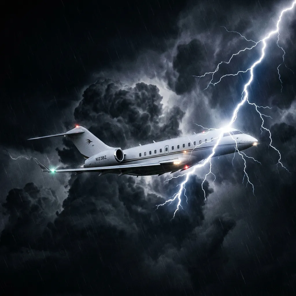 Lightning bolt striking near a business jet in flight against dark storm clouds