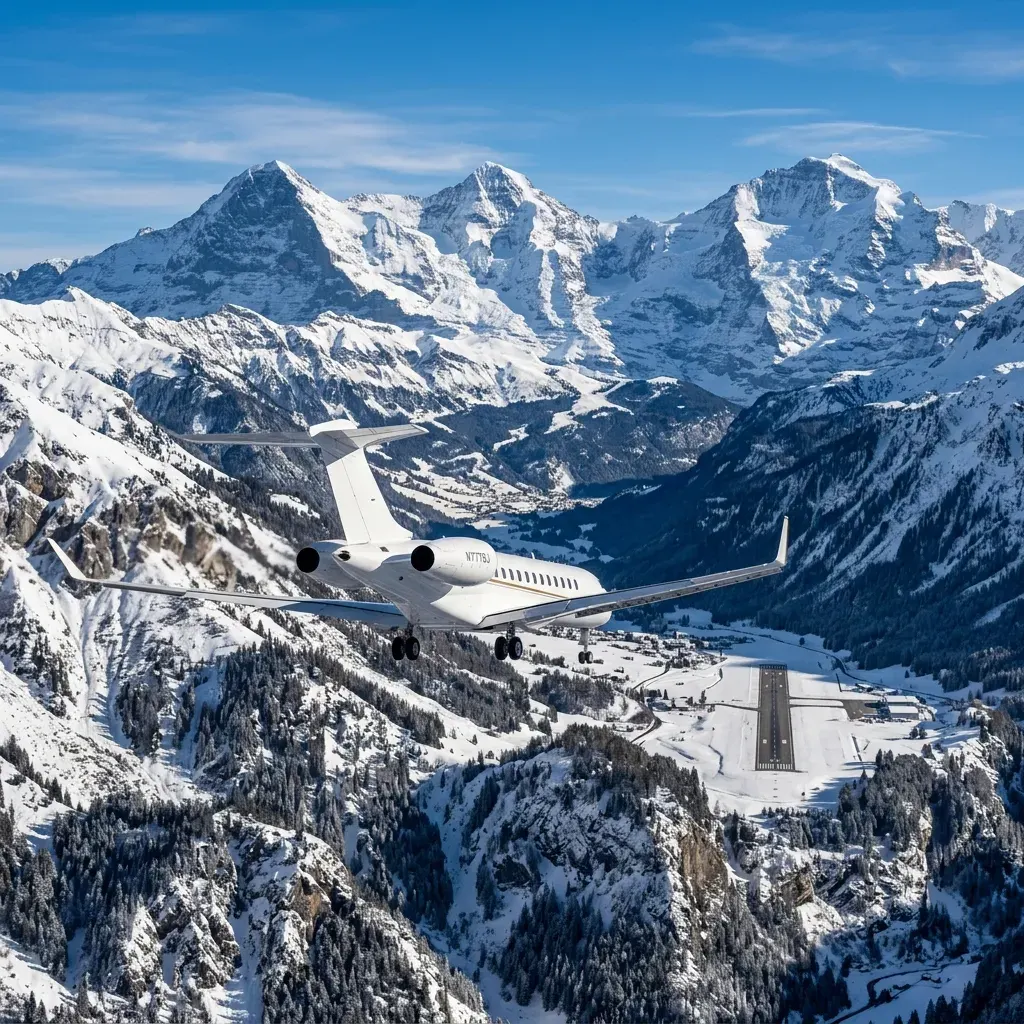 Private jet approaching mountain airport runway surrounded by snow-capped peaks