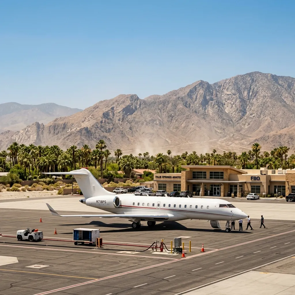 Private jet parked at Palm Springs airport with desert mountains in the background