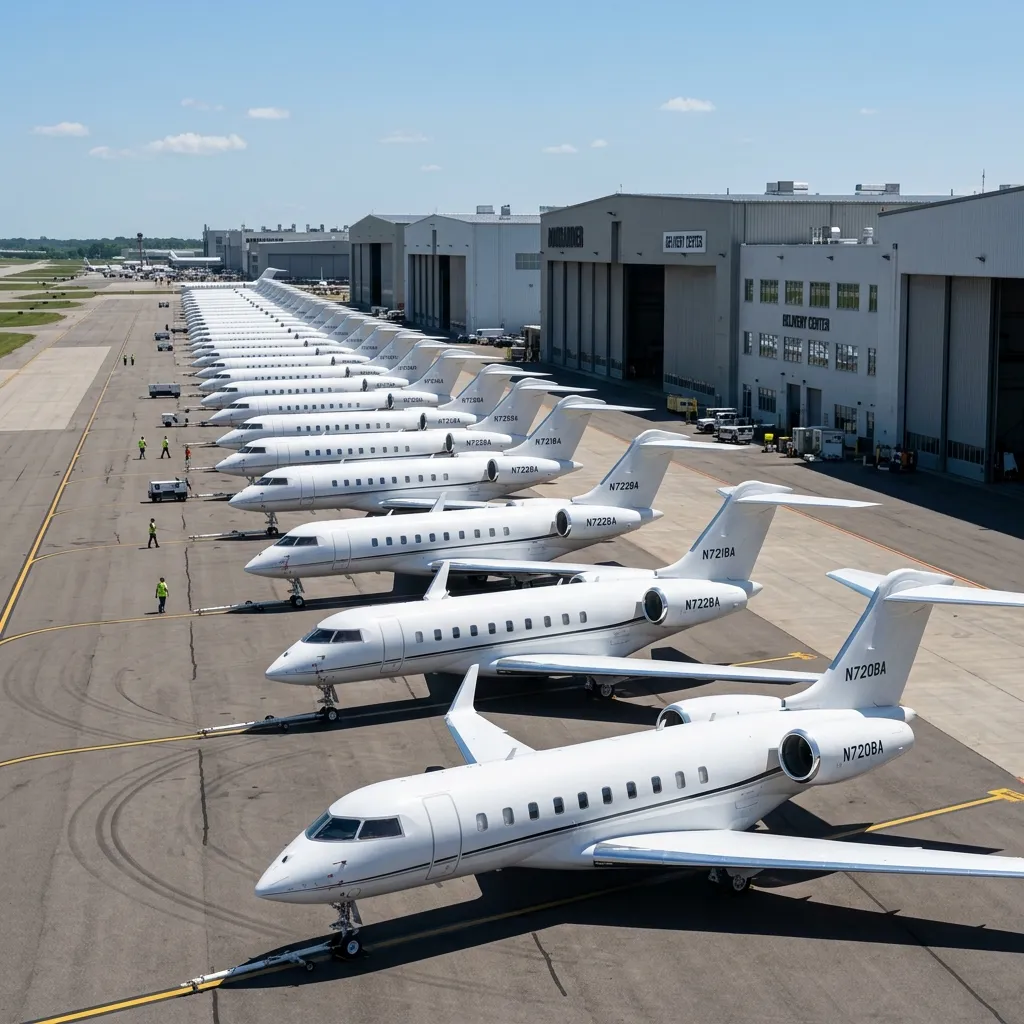 Row of newly completed business jets on a manufacturer delivery ramp