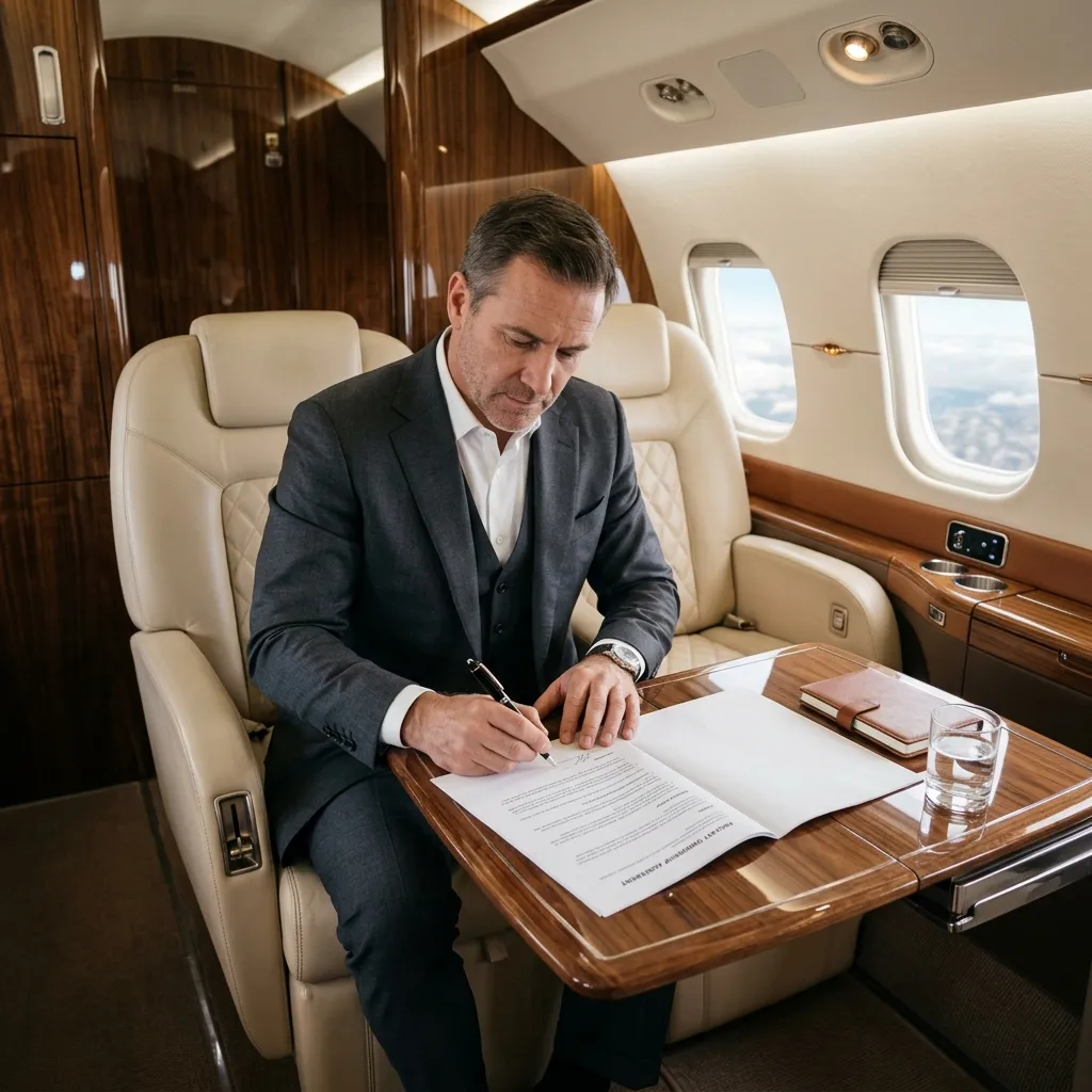 Business jet cabin interior with contract document and pen on tray table