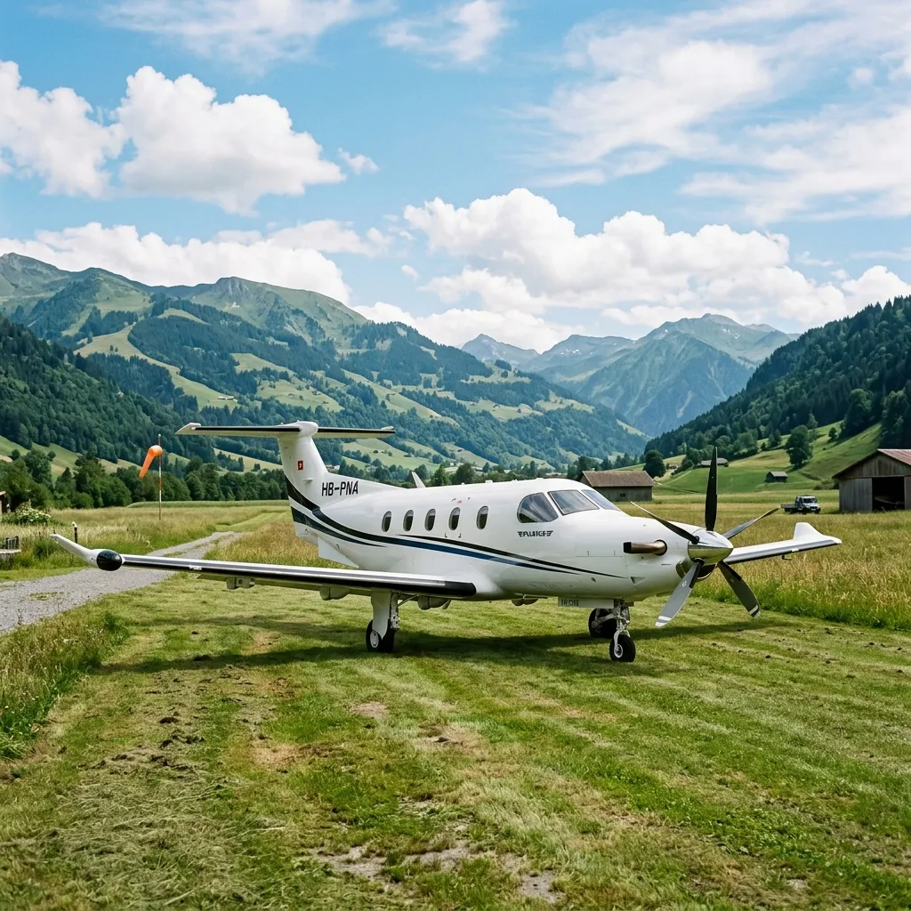 Pilatus PC-12 turboprop on a rural grass airstrip with mountain scenery