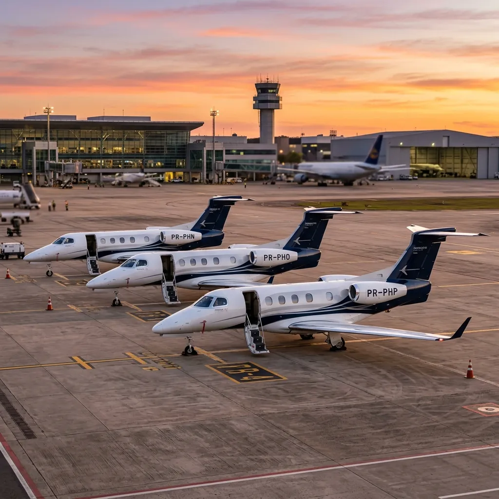 Row of Embraer Phenom 300 light jets on tarmac at sunset