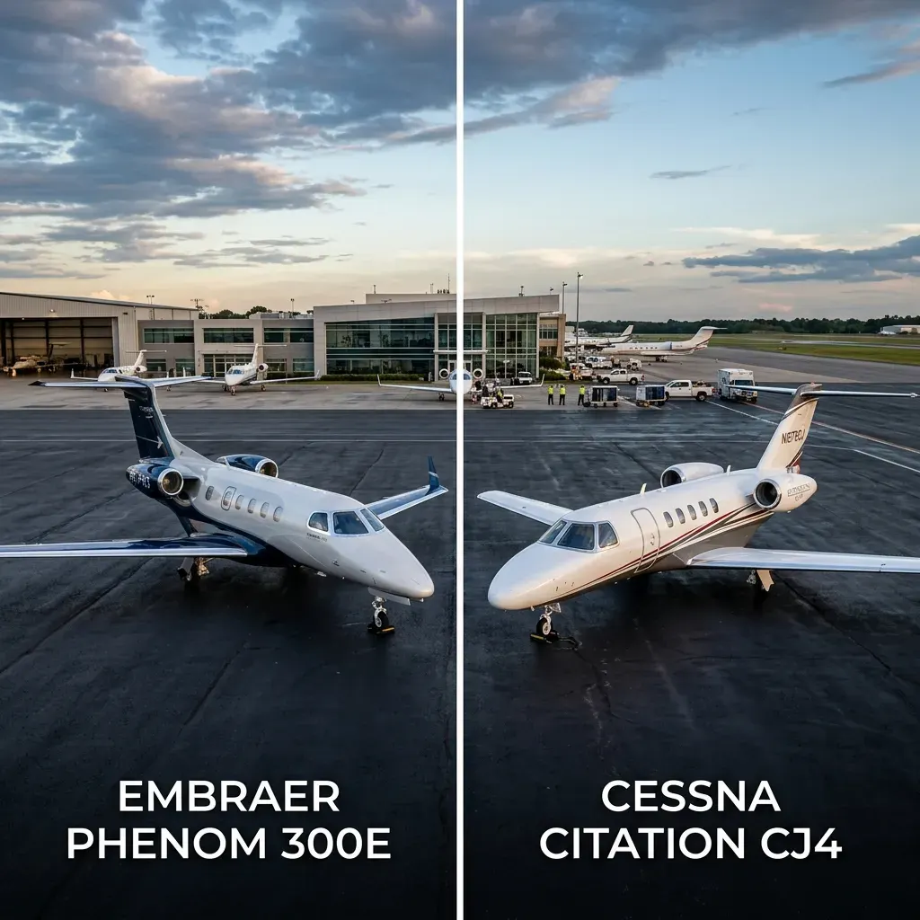 Embraer Phenom 300E and Cessna Citation CJ4 Gen2 side by side on ramp