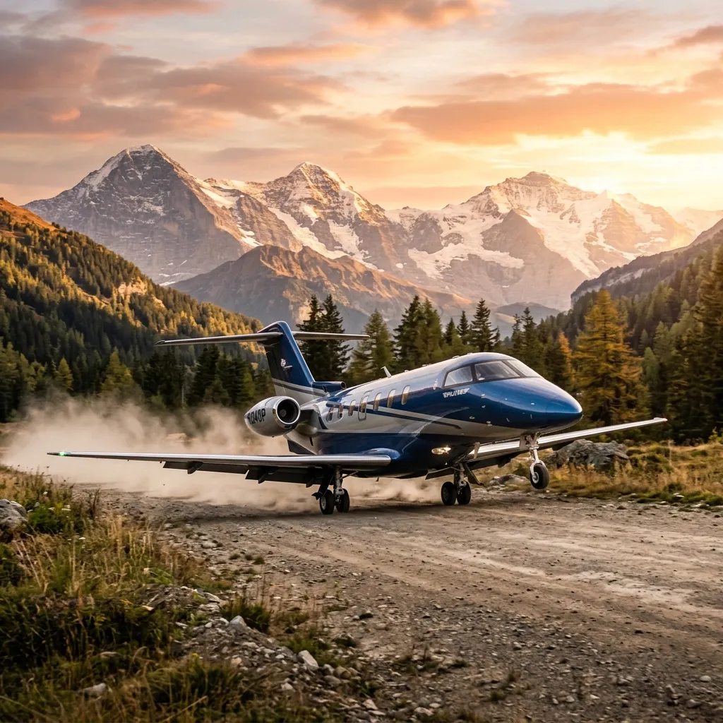 Pilatus PC-24 private jet landing on a dirt runway