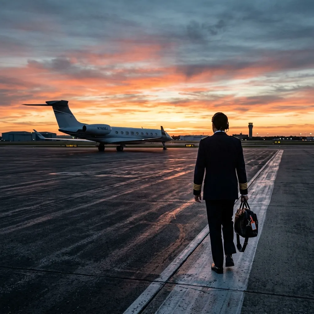 Business jet pilot walking toward Gulfstream aircraft on tarmac at dawn