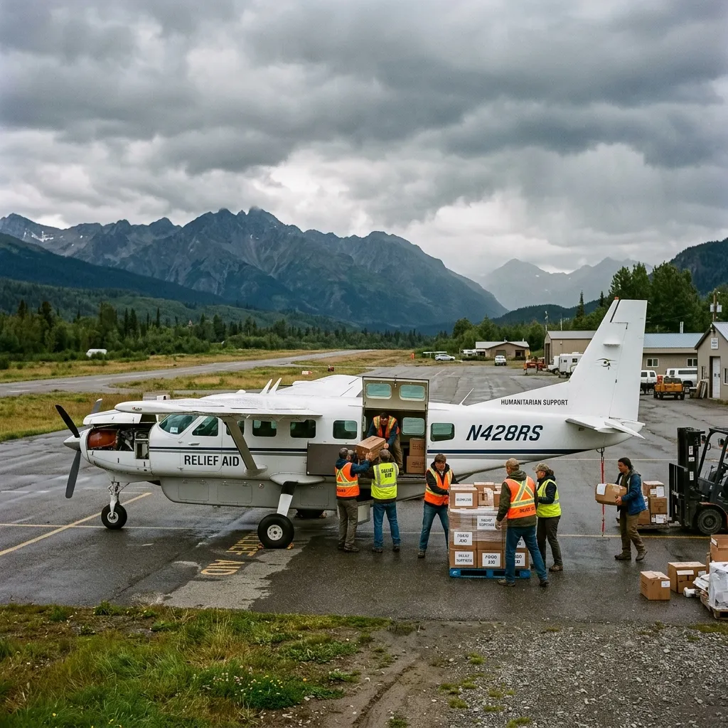 Private turboprop aircraft loaded with relief supplies on a small airport ramp