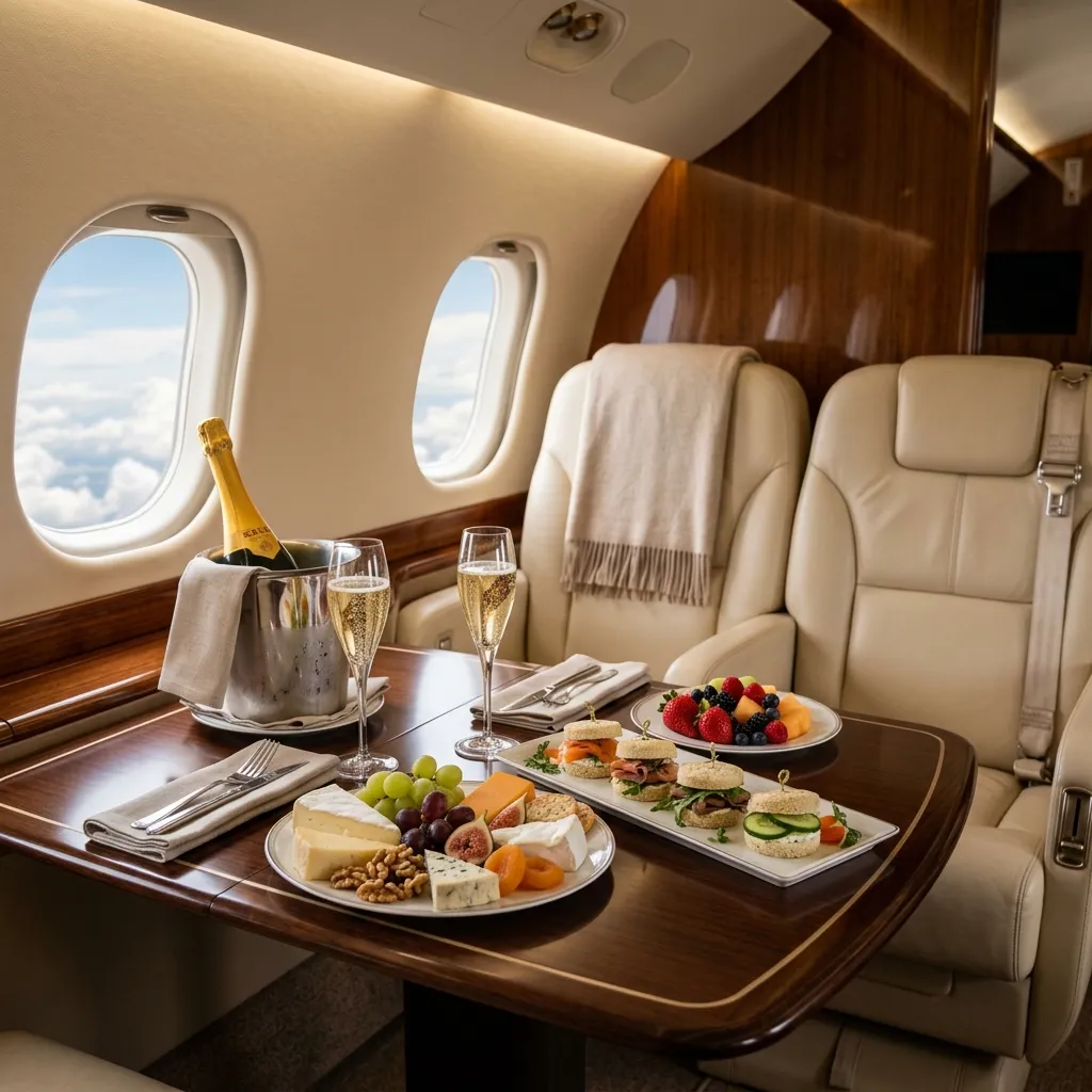 Elegant catering spread on a private jet cabin table with champagne and fresh food
