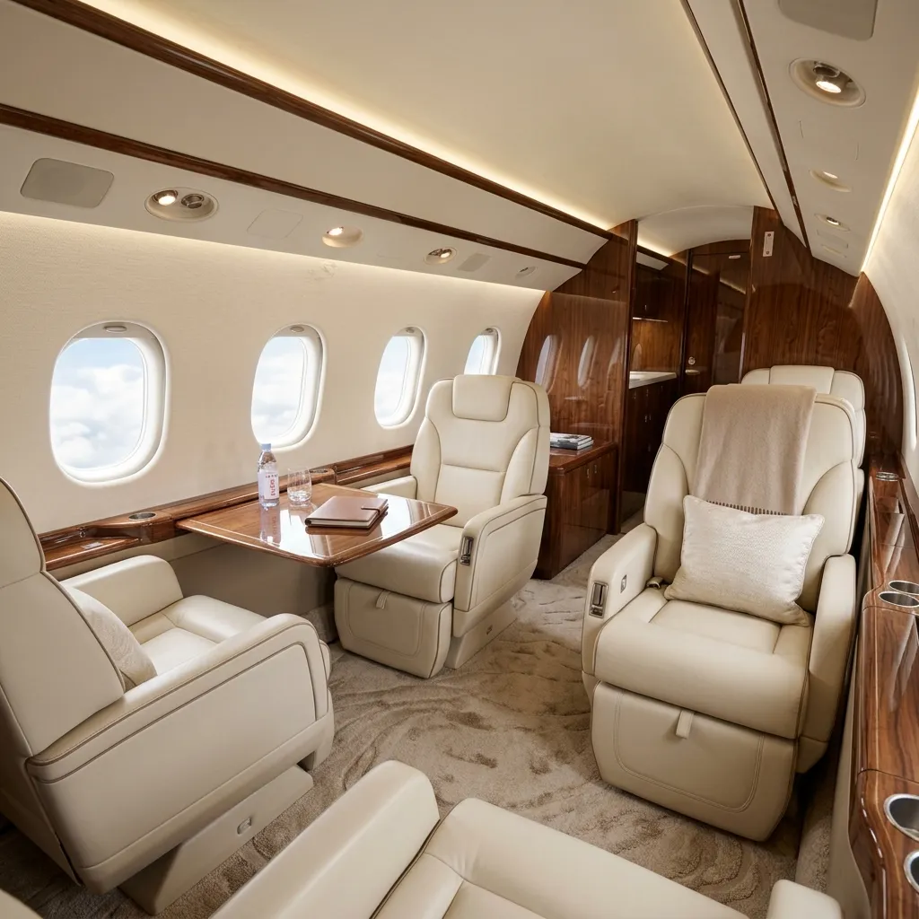 Luxurious private jet cabin interior showing plush leather seats in a quiet environment