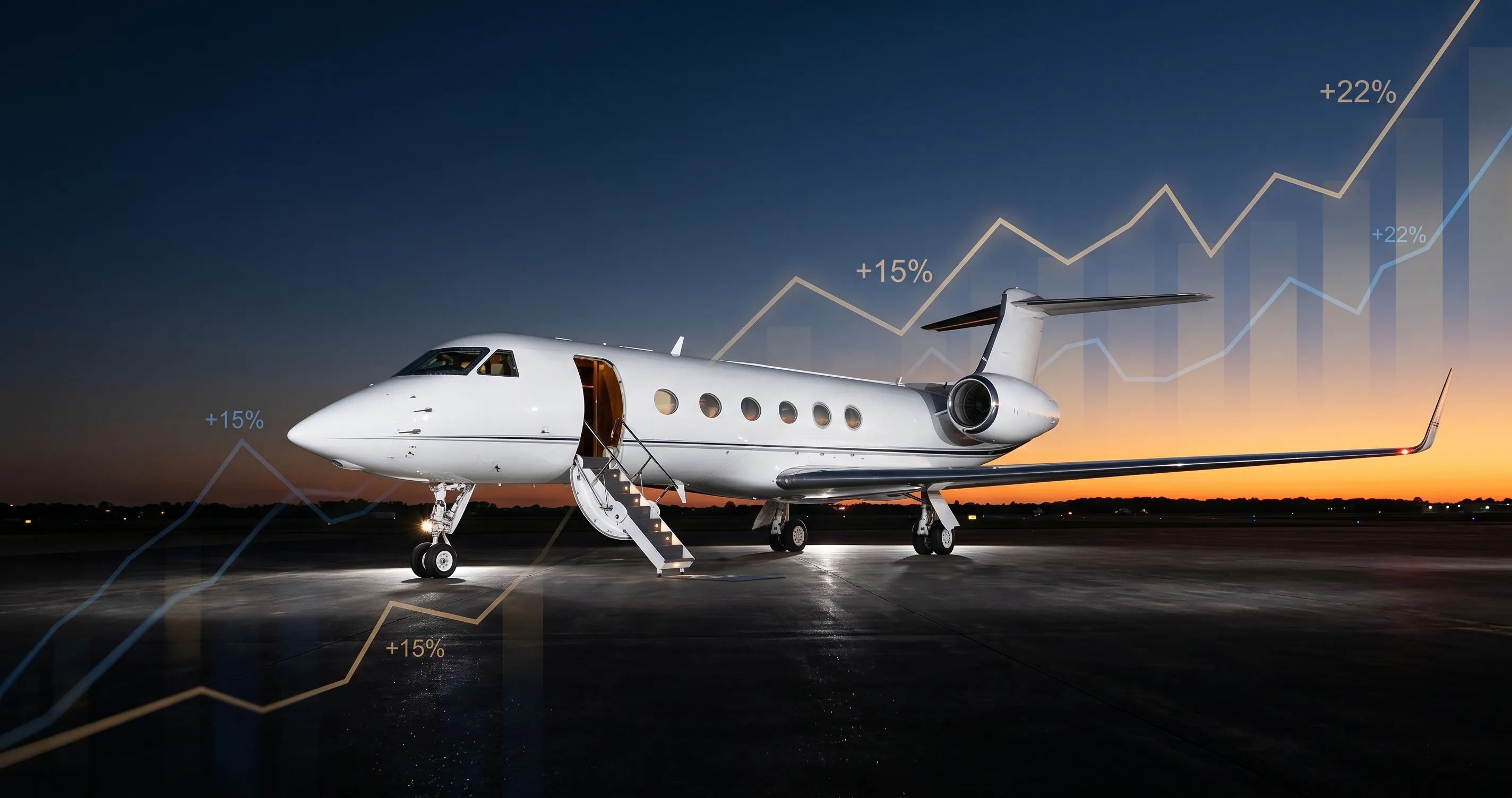 Business jet on ramp with financial charts overlay in blue and gold