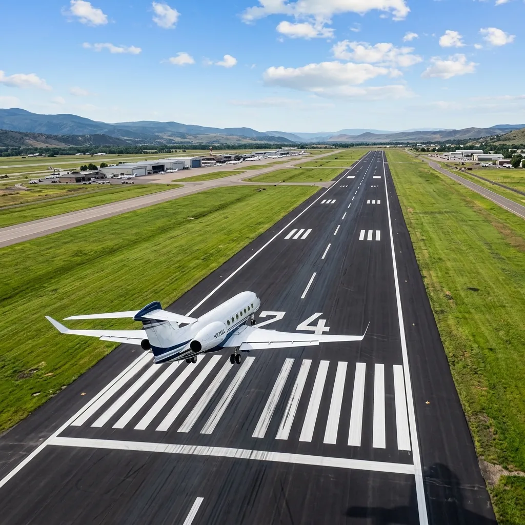 Aerial view of a private jet on a runway with distance markings visible