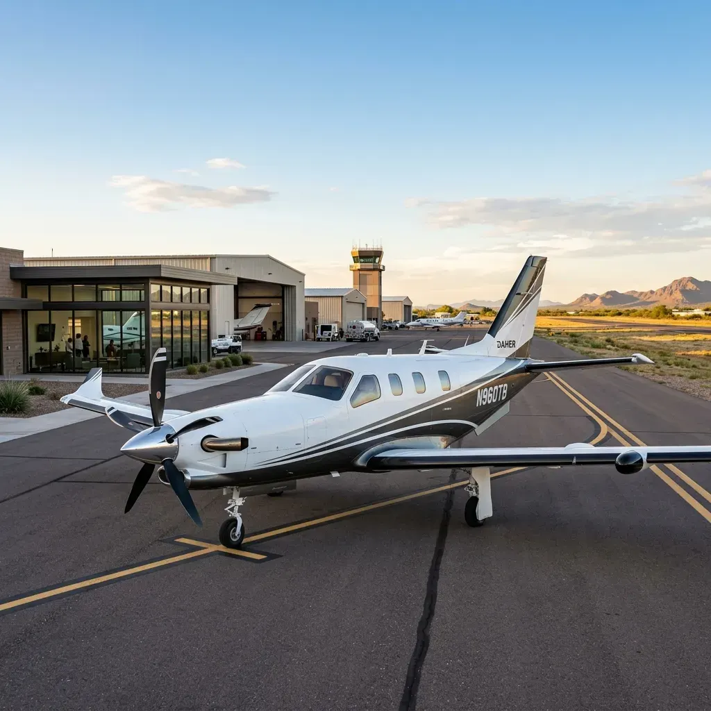Daher TBM 960 turboprop on tarmac at private aviation terminal