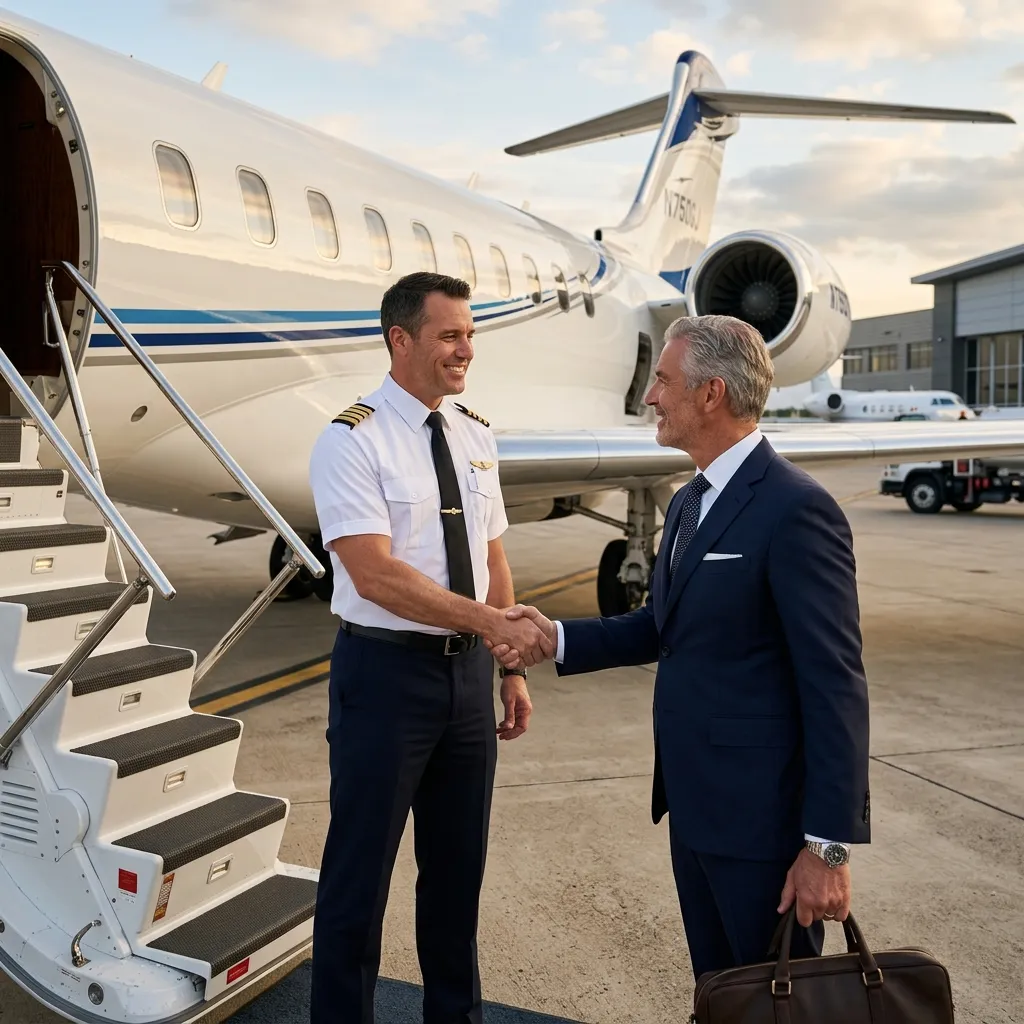 Private jet flight crew standing at the base of aircraft stairs greeting passengers