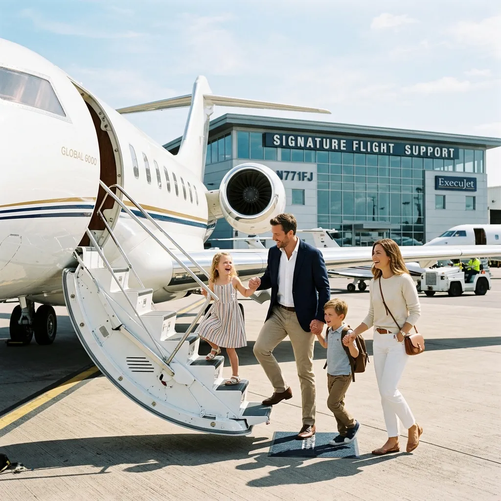 Family boarding a private jet with children on a bright sunny day