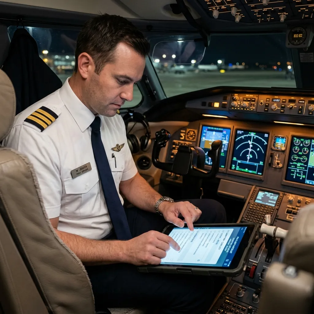 Private jet cockpit with pilot reviewing pre-flight checklist documentation