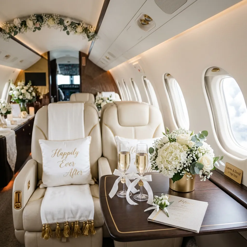 A decorated private jet interior with wedding flowers and champagne ready for the couple
