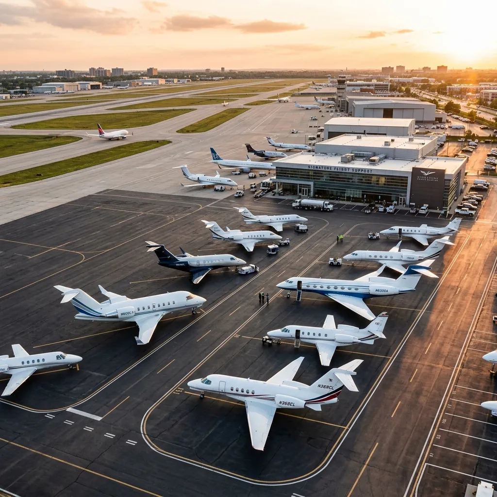 Business jets from multiple manufacturers parked on FBO ramp