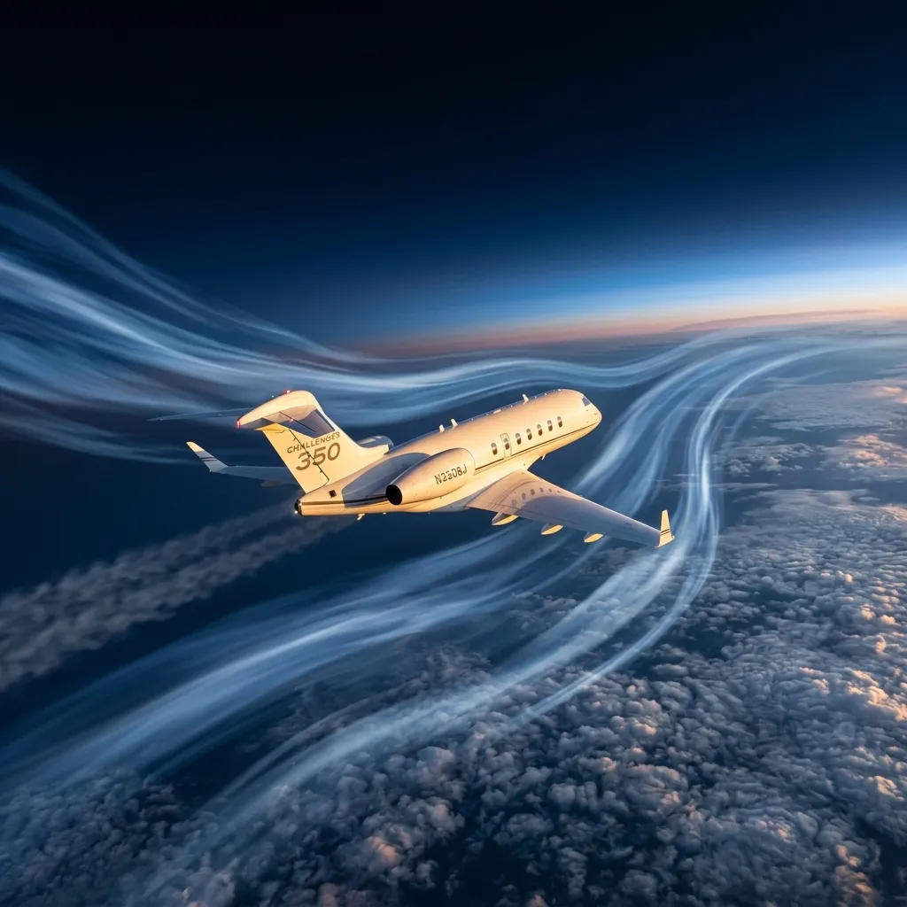 Business jet cruising at high altitude with jet stream winds flowing across the atmosphere