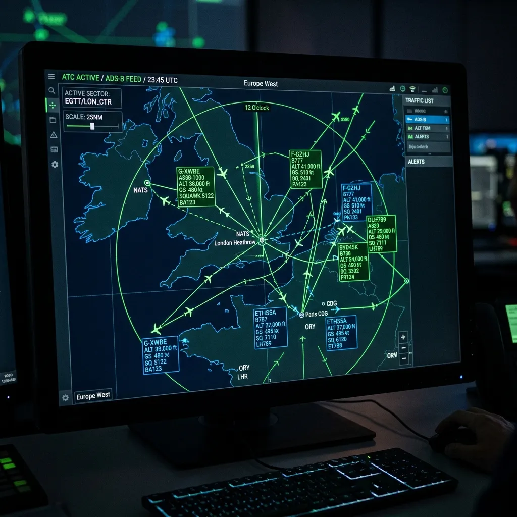 Radar screen showing multiple aircraft tracking icons over a dark background with ADS-B transponder data overlays