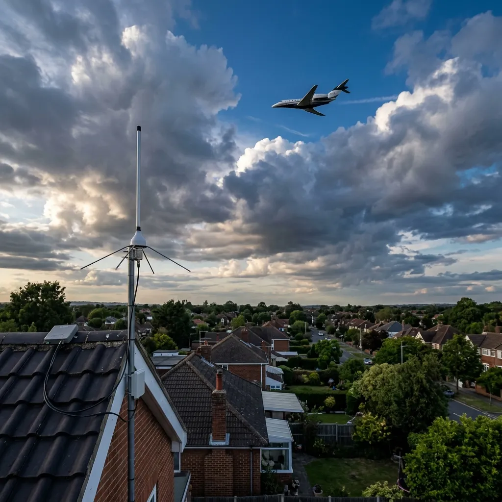 ADS-B antenna receiver on a rooftop with a private jet visible in the sky above