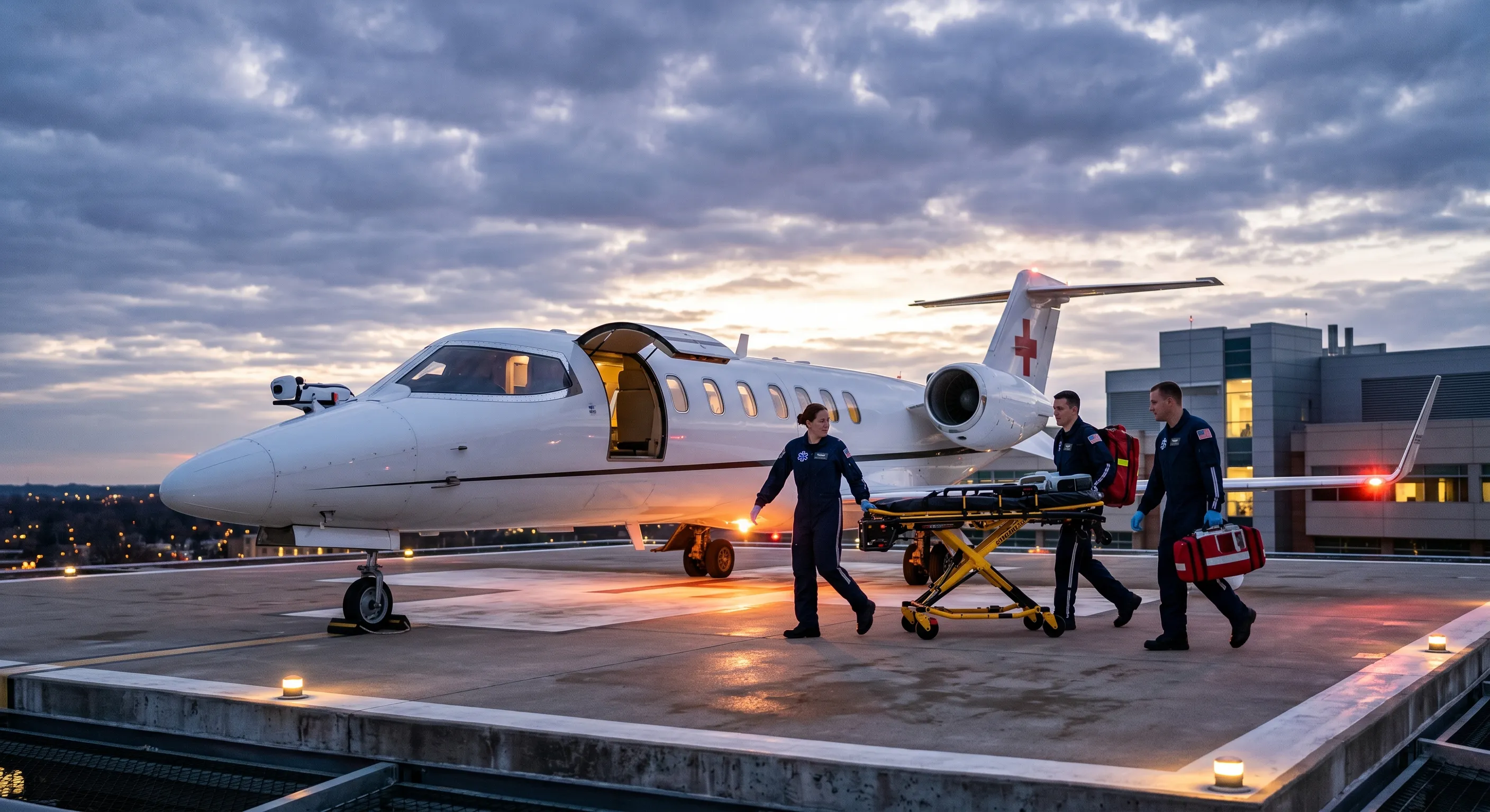 Medical-configured Learjet air ambulance on a hospital helipad with medical team loading equipment