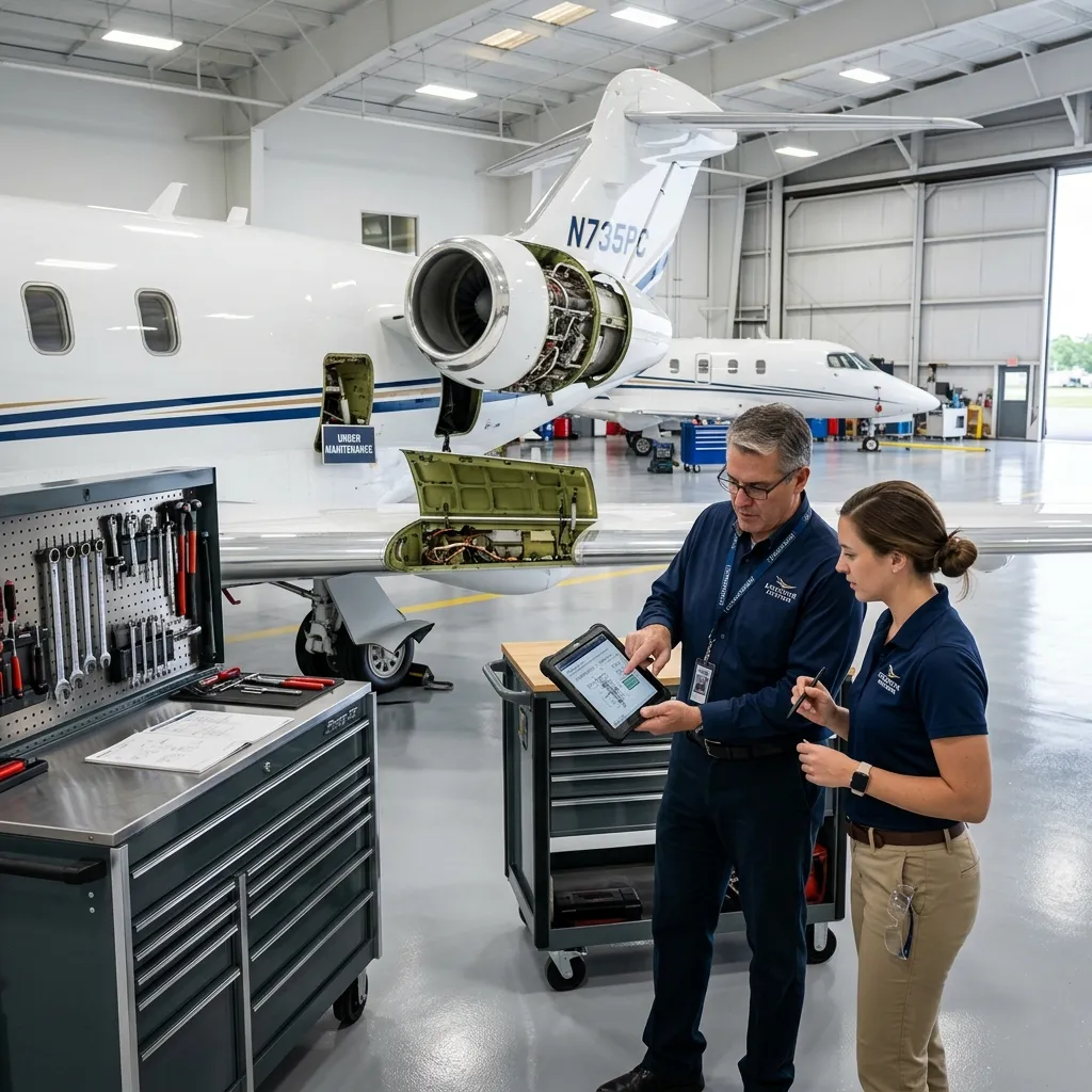 Business jet being serviced inside a private hangar with management team overseeing maintenance work