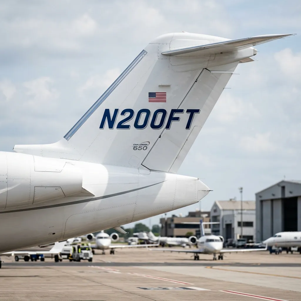 Close-up of an N-number registration marking on the tail of a white business jet