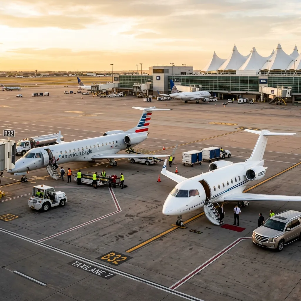 Commercial airport ramp with an airline regional jet parked next to a private charter business jet