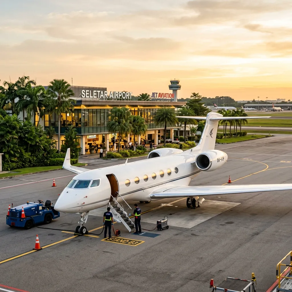 Business jet parked at Singapore Seletar Airport private terminal with tropical landscaping