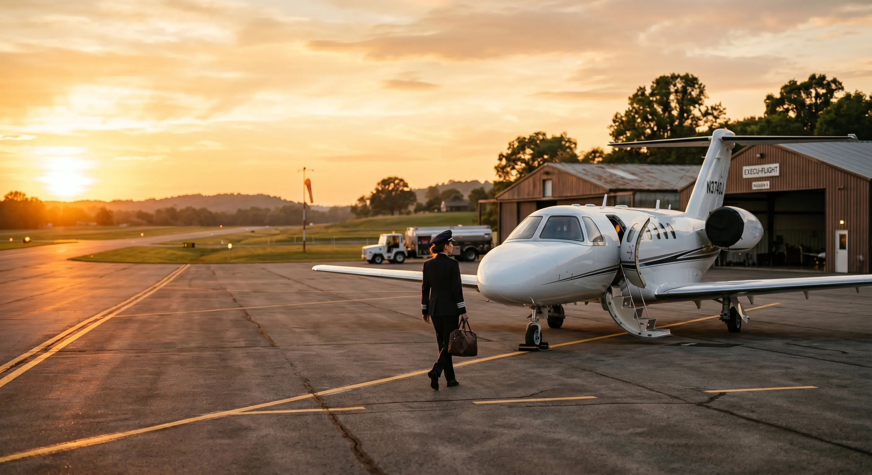 Owner-pilot performing preflight inspection on a Phenom 300E at a quiet general aviation airport