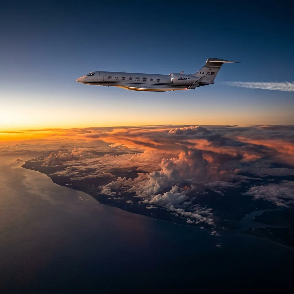 Gulfstream G650 at cruise altitude with ocean visible through cabin windows