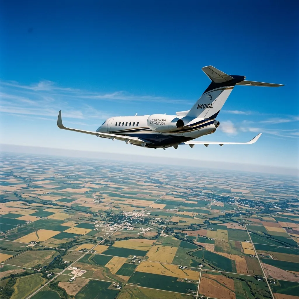 Super-midsize business jet cruising at high altitude over the American heartland between coasts