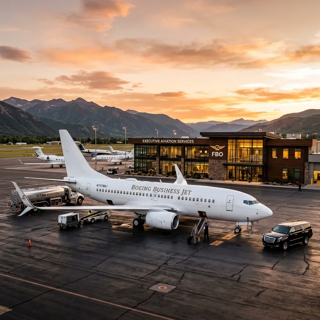 A Boeing BBJ business jet parked on a private ramp at sunset with VIP stairs deployed