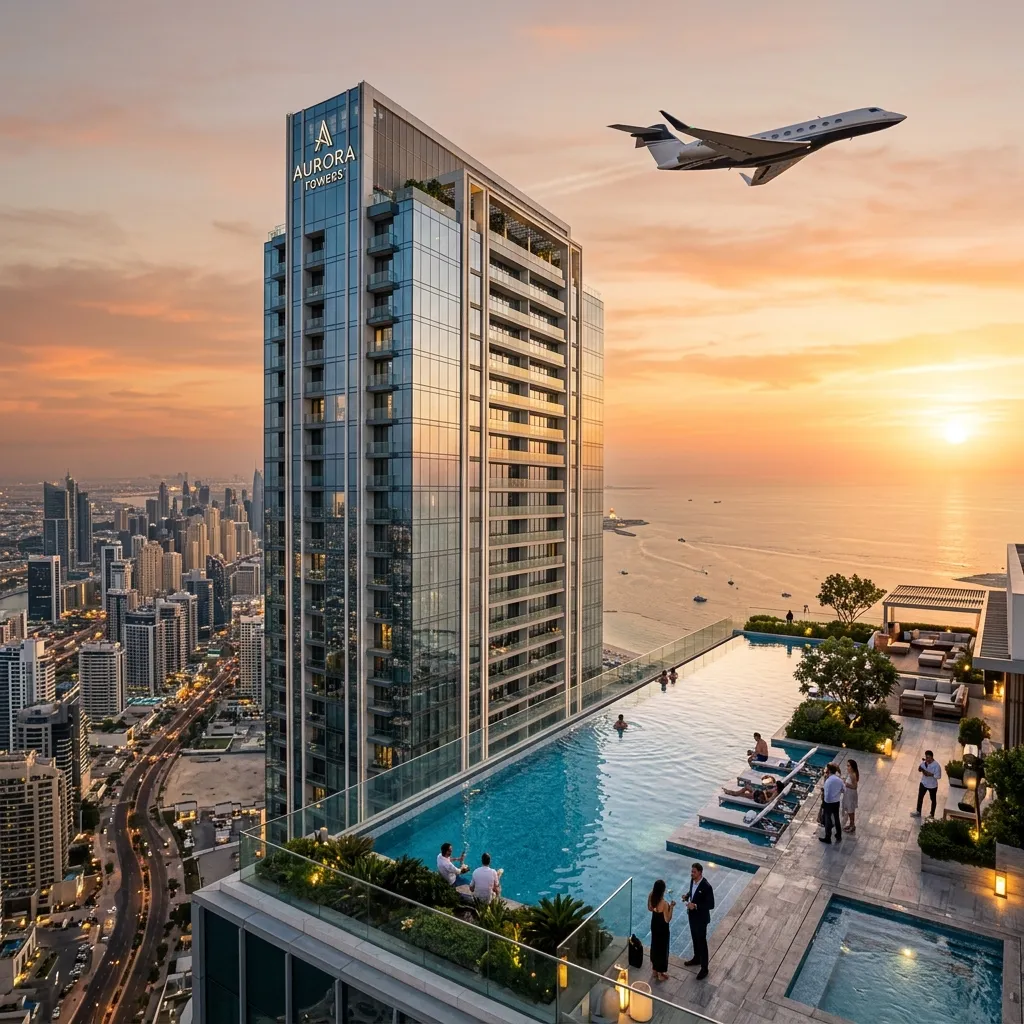 Modern luxury residential tower with a private jet in the background at a nearby airport