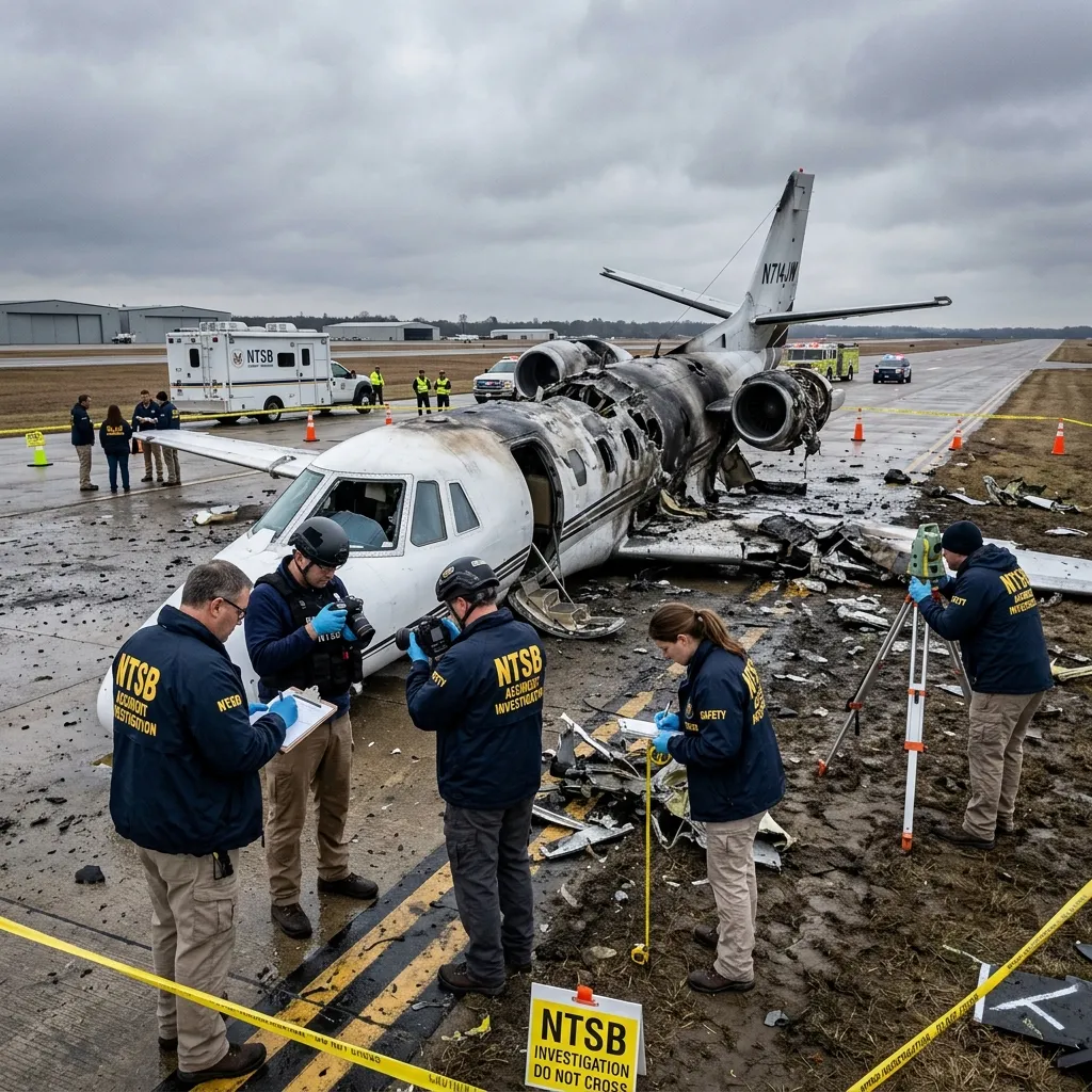 An NTSB investigator examining a damaged business jet wing section in a hangar with measurement tools and documentation visible