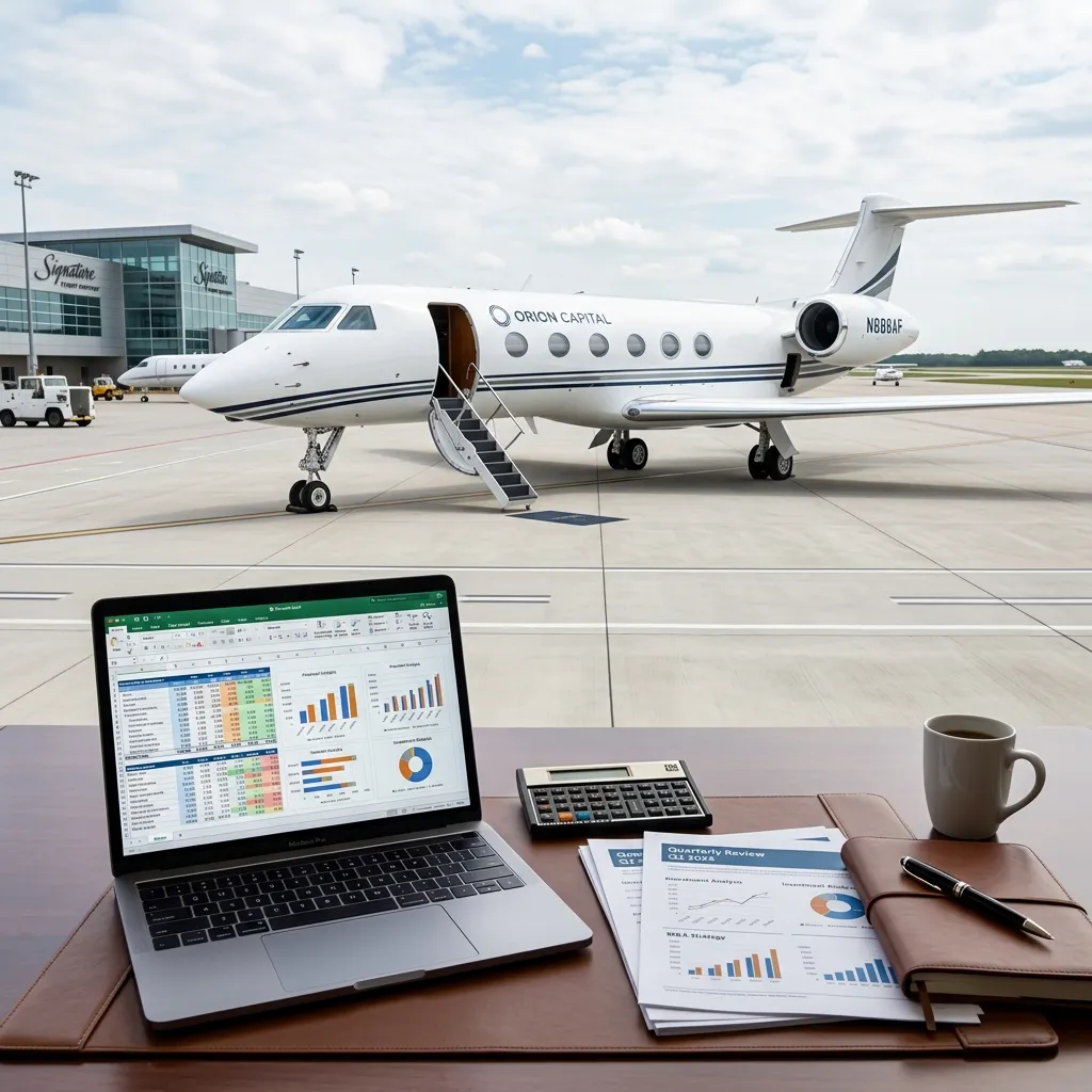 Business jet on an airport ramp with financial documents and a laptop visible in the foreground